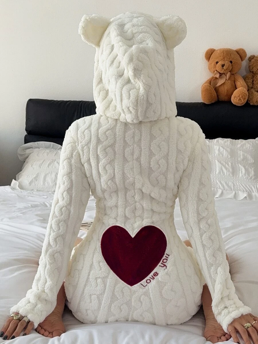 SHEIN 動物造型連帽紅色愛心刺繡連身褲,女款,冬季毛絨,蓬鬆舒適 - 白色 - 查看 1