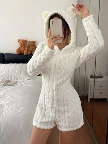 SHEIN 動物造型連帽紅色愛心刺繡連身褲，女款，冬季毛絨，蓬鬆舒適 - 白色 - 查看 6