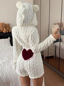 SHEIN 動物造型連帽紅色愛心刺繡連身褲，女款，冬季毛絨，蓬鬆舒適 - 白色 - 查看 3