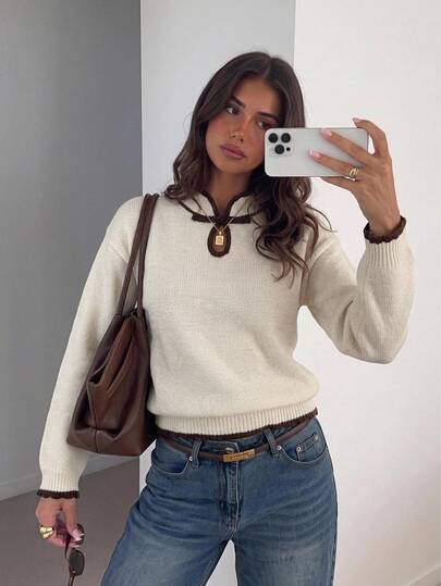 Siren Gaze Women's Cream Long Sleeve Sweater With Brown Trim Detail And Frog Button Design, Comfortable Knit Fabric, Suitable For Casual Wear, Frog Button Pullover, Autumn/Winter