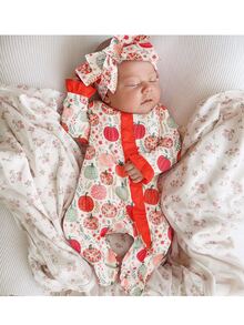 SHEIN Newborn Baby Cute Knitted Casual Cartoon Pattern Romper & Headband Set - Apricot - View 8