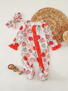 SHEIN Newborn Baby Cute Knitted Casual Cartoon Pattern Romper & Headband Set - Apricot - View 3