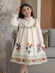 SHEIN Young Girl Woven Ditsy Floral Stand Collar Ruffle Hem Casual Fashion New Cute Dress Kids - Multicolor - View 2