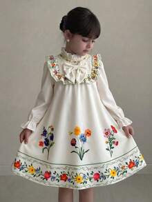 SHEIN Young Girl Woven Ditsy Floral Stand Collar Ruffle Hem Casual Fashion New Cute Dress Kids - Multicolor - View 3