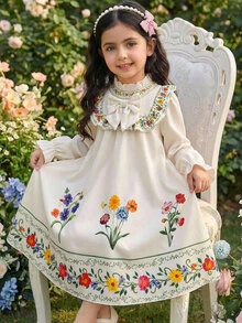 SHEIN Young Girl Woven Ditsy Floral Stand Collar Ruffle Hem Casual Fashion New Cute Dress Kids - Multicolor - View 4