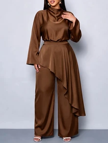 SOLERSUN Plus Size Women Elegant Luxury Chocolate Brown Long Sleeve High Neck Satin Wide Leg Jumpsuit Cocktail Formal Fall - Brown - View 2