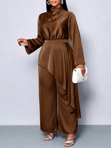 SOLERSUN Plus Size Women Elegant Luxury Chocolate Brown Long Sleeve High Neck Satin Wide Leg Jumpsuit Cocktail Formal Fall - Brown - View 3