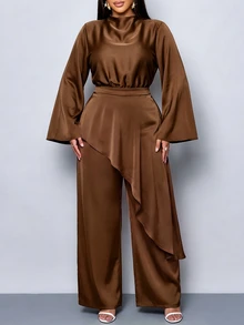 SOLERSUN Plus Size Women Elegant Luxury Chocolate Brown Long Sleeve High Neck Satin Wide Leg Jumpsuit Cocktail Formal Fall - Brown - View 7