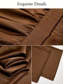 SOLERSUN Plus Size Women Elegant Luxury Chocolate Brown Long Sleeve High Neck Satin Wide Leg Jumpsuit Cocktail Formal Fall - Brown - View 9