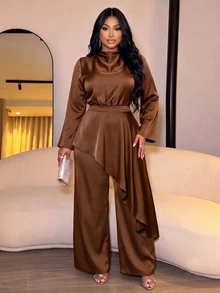 SOLERSUN Plus Size Women Elegant Luxury Chocolate Brown Long Sleeve High Neck Satin Wide Leg Jumpsuit Cocktail Formal Fall - Brown - View 1