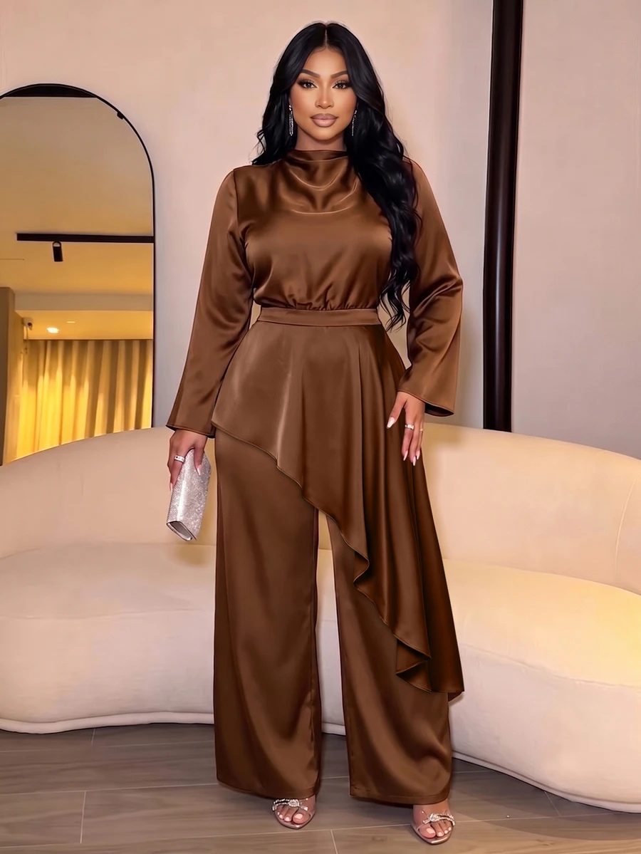 SOLERSUN Plus Size Women Elegant Luxury Chocolate Brown Long Sleeve High Neck Satin Wide Leg Jumpsuit Cocktail Formal Fall - Brown - View 1