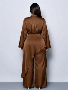SOLERSUN Plus Size Women Elegant Luxury Chocolate Brown Long Sleeve High Neck Satin Wide Leg Jumpsuit Cocktail Formal Fall - Brown - View 6