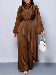 SOLERSUN Plus Size Women Elegant Luxury Chocolate Brown Long Sleeve High Neck Satin Wide Leg Jumpsuit Cocktail Formal Fall - Brown - View 4