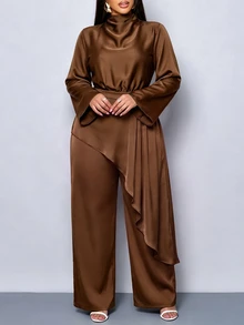 SOLERSUN Plus Size Women Elegant Luxury Chocolate Brown Long Sleeve High Neck Satin Wide Leg Jumpsuit Cocktail Formal Fall - Brown - View 5