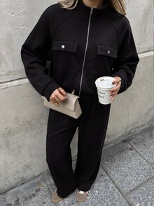 Struktiv 女款春夏/秋冬兩件套，半拉鍊領長袖上衣附雙口袋，高腰垂墜寬腿褲，休閒舒適通勤與運動穿搭 - 黑色 - 查看 3