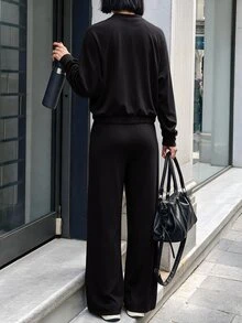 Struktiv 女款春夏/秋冬兩件套，半拉鍊領長袖上衣附雙口袋，高腰垂墜寬腿褲，休閒舒適通勤與運動穿搭 - 黑色 - 查看 2