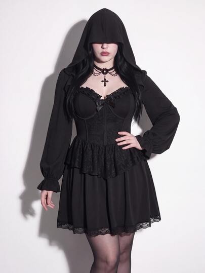 SHEIN ICON Plus Size Black Hooded Lantern Sleeve Sexy Mini Dress, Suitable For Halloween Party, Halloween Costume, Witch/Fall/Winter