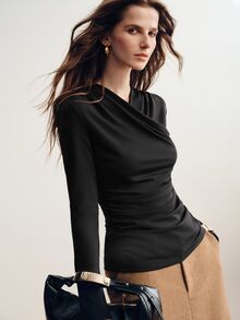 Briarwyn Autumn Women's Solid Color Elegant Criss-Cross V-Neck Side Ruched Ruched Long Sleeve T-Shirt For Going Out Commuter Style Office Night Black Top - Black - View 6