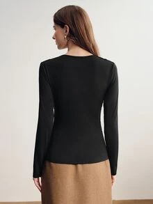 Briarwyn Autumn Women's Solid Color Elegant Criss-Cross V-Neck Side Ruched Ruched Long Sleeve T-Shirt For Going Out Commuter Style Office Night Black Top - Black - View 4