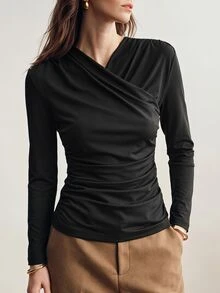 Briarwyn Autumn Women's Solid Color Elegant Criss-Cross V-Neck Side Ruched Ruched Long Sleeve T-Shirt For Going Out Commuter Style Office Night Black Top - Black - View 3