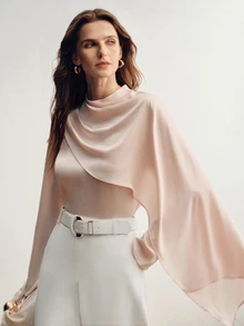 Briarwyn French Luxury Style Champagne Pink Satin Cowl Neck Blouse For Women, Asymmetrical Diagonal Cut Shawl Collar Ribbon Draped Long Sleeve Going Out Tops - Dusty Pink - View 4