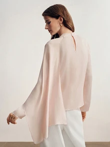 Briarwyn French Luxury Style Champagne Pink Satin Cowl Neck Blouse For Women, Asymmetrical Diagonal Cut Shawl Collar Ribbon Draped Long Sleeve Going Out Tops - Dusty Pink - View 5