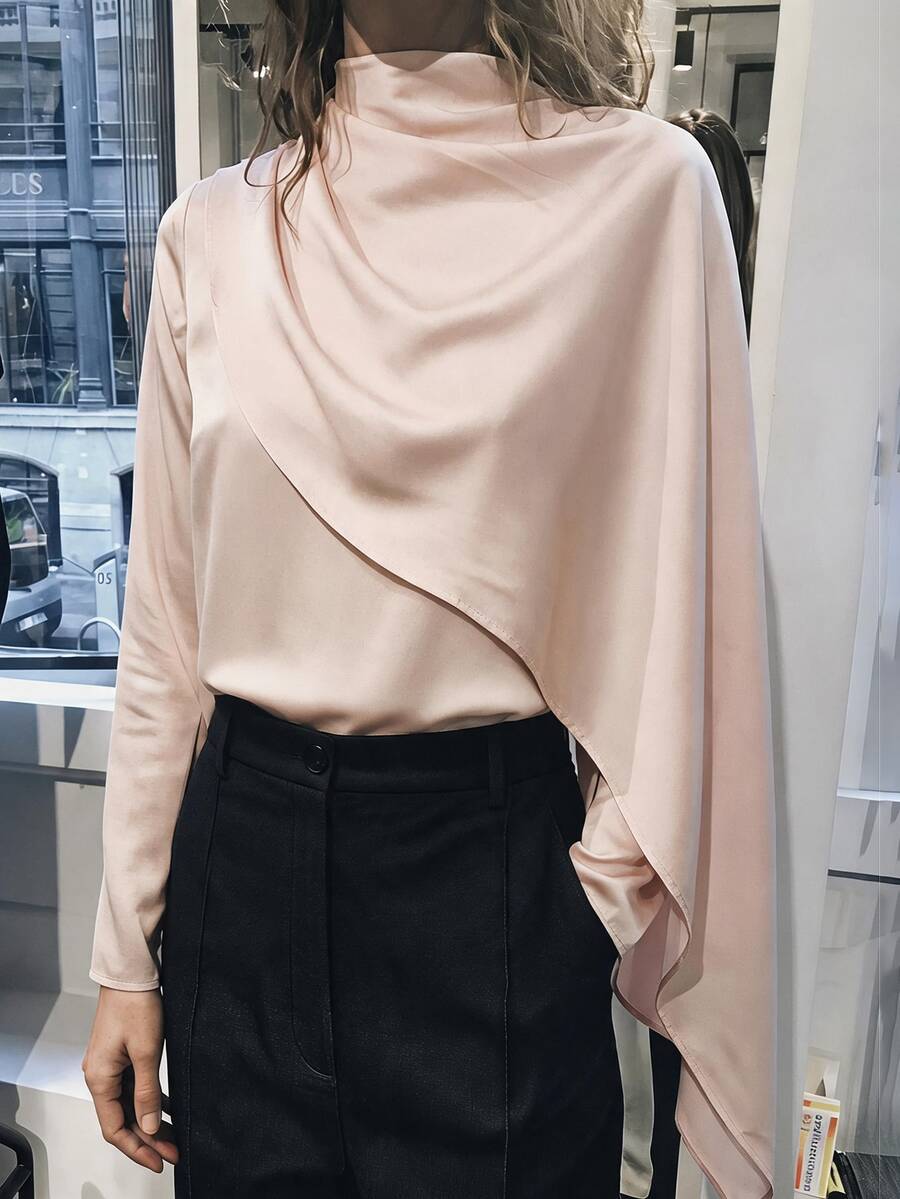 Briarwyn French Luxury Style Champagne Pink Satin Cowl Neck Blouse For Women, Asymmetrical Diagonal Cut Shawl Collar Ribbon Draped Long Sleeve Going Out Tops - Dusty Pink - View 1