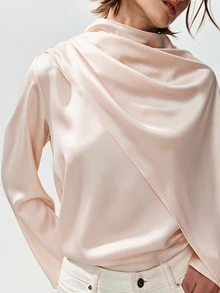 Briarwyn French Luxury Style Champagne Pink Satin Cowl Neck Blouse For Women, Asymmetrical Diagonal Cut Shawl Collar Ribbon Draped Long Sleeve Going Out Tops - Dusty Pink - View 2