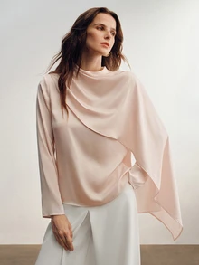 Briarwyn French Luxury Style Champagne Pink Satin Cowl Neck Blouse For Women, Asymmetrical Diagonal Cut Shawl Collar Ribbon Draped Long Sleeve Going Out Tops - Dusty Pink - View 7