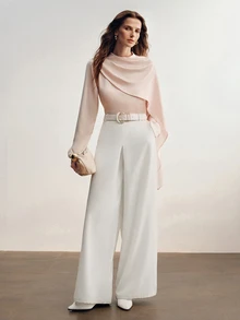 Briarwyn French Luxury Style Champagne Pink Satin Cowl Neck Blouse For Women, Asymmetrical Diagonal Cut Shawl Collar Ribbon Draped Long Sleeve Going Out Tops - Dusty Pink - View 8