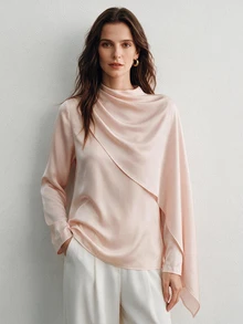 Briarwyn French Luxury Style Champagne Pink Satin Cowl Neck Blouse For Women, Asymmetrical Diagonal Cut Shawl Collar Ribbon Draped Long Sleeve Going Out Tops - Dusty Pink - View 3