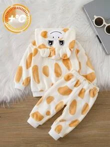 SHEIN Baby Boy Thermal Lined Thick Cute Giraffe Pattern Hooded Long Sleeve Autumn Sweatshirt - White - View 4