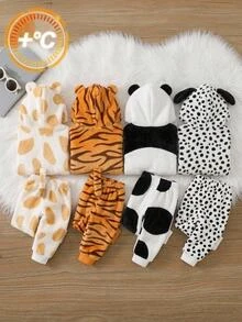 SHEIN Baby Boy Thermal Lined Thick Cute Giraffe Pattern Hooded Long Sleeve Autumn Sweatshirt - White - View 2