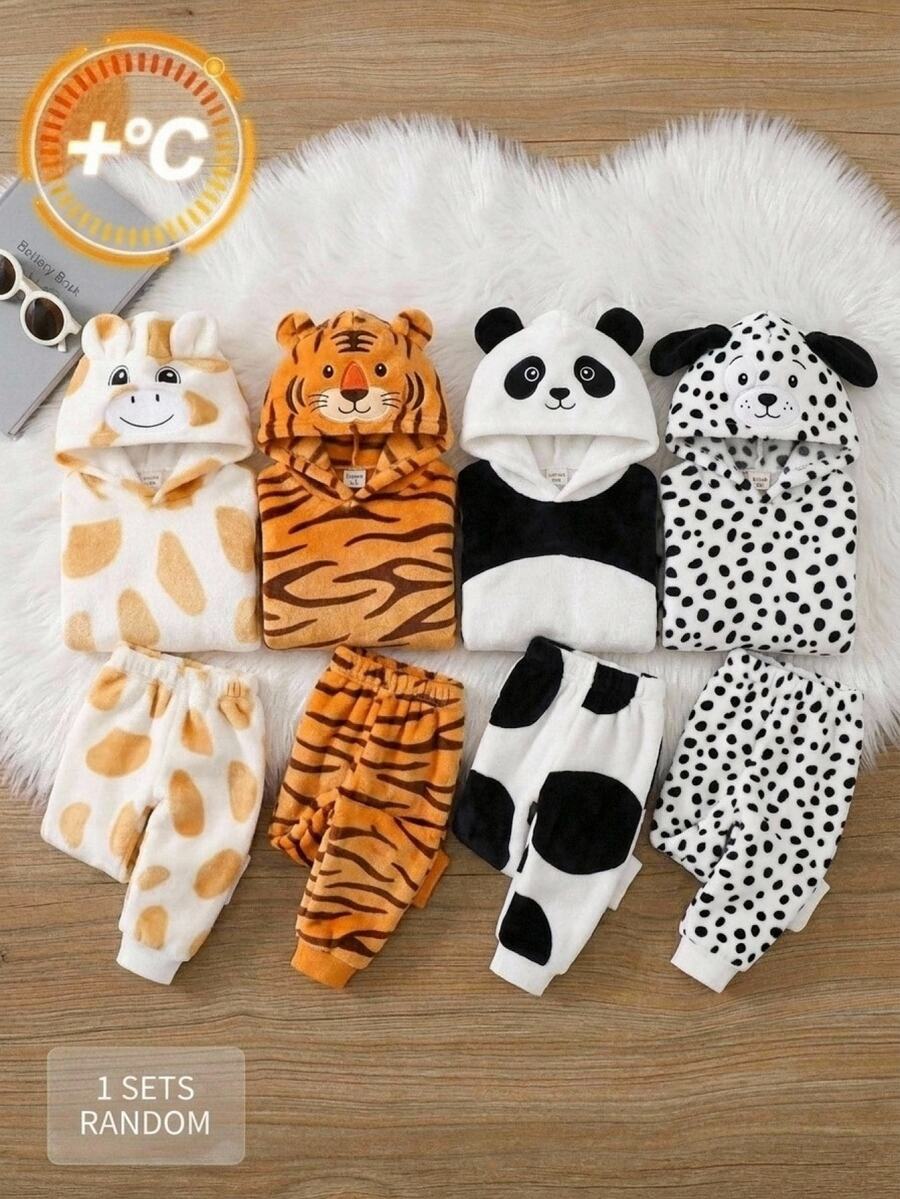 SHEIN Baby Boy Thermal Lined Thick Cute Giraffe Pattern Hooded Long Sleeve Autumn Sweatshirt - White - View 1