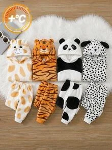 SHEIN Baby Boy Thermal Lined Thick Cute Giraffe Pattern Hooded Long Sleeve Autumn Sweatshirt - White - View 8