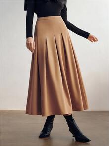 Briarwyn Fall Winte Women's Solid Color Camel High Waist A-Line Midi Box Pleated Skirt Elegant Office Wear For Thanksgiving And Back To School Camel Skirt - Khaki - View 7