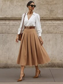 Briarwyn Fall Winte Women's Solid Color Camel High Waist A-Line Midi Box Pleated Skirt Elegant Office Wear For Thanksgiving And Back To School Camel Skirt - Khaki - View 3