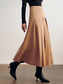 Briarwyn Fall Winte Women's Solid Color Camel High Waist A-Line Midi Box Pleated Skirt Elegant Office Wear For Thanksgiving And Back To School Camel Skirt - Khaki - View 8