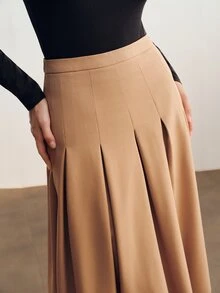 Briarwyn Fall Winte Women's Solid Color Camel High Waist A-Line Midi Box Pleated Skirt Elegant Office Wear For Thanksgiving And Back To School Camel Skirt - Khaki - View 6