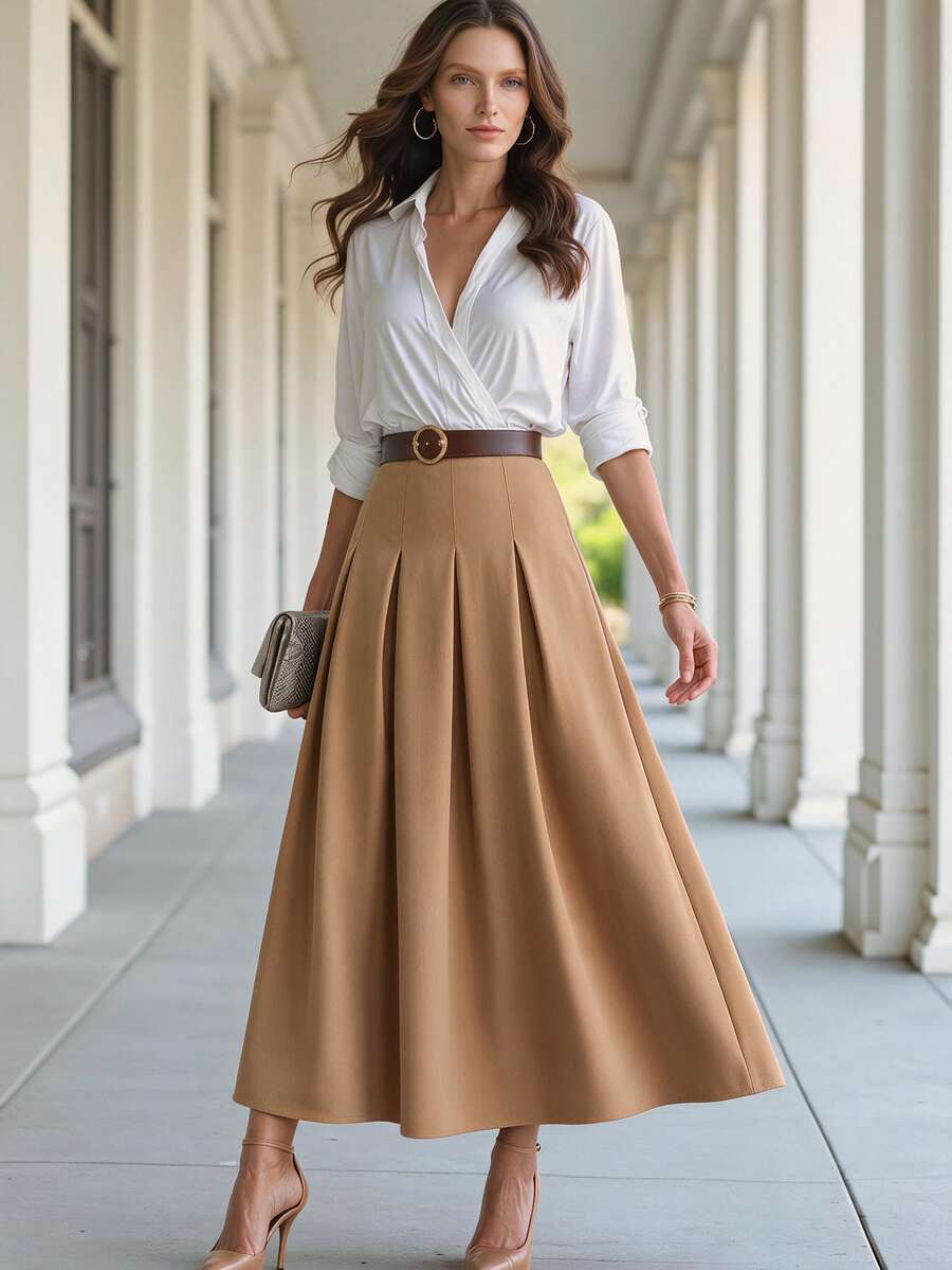 Briarwyn Fall Winte Women's Solid Color Camel High Waist A-Line Midi Box Pleated Skirt Elegant Office Wear For Thanksgiving And Back To School Camel Skirt - Khaki - View 1