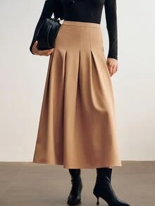 Briarwyn Fall Winte Women's Solid Color Camel High Waist A-Line Midi Box Pleated Skirt Elegant Office Wear For Thanksgiving And Back To School Camel Skirt - Khaki - View 9