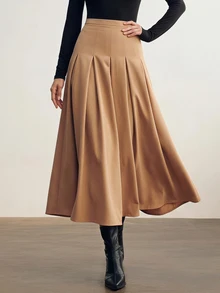 Briarwyn Fall Winte Women's Solid Color Camel High Waist A-Line Midi Box Pleated Skirt Elegant Office Wear For Thanksgiving And Back To School Camel Skirt - Khaki - View 2