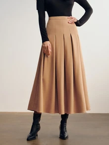 Briarwyn Fall Winte Women's Solid Color Camel High Waist A-Line Midi Box Pleated Skirt Elegant Office Wear For Thanksgiving And Back To School Camel Skirt - Khaki - View 5