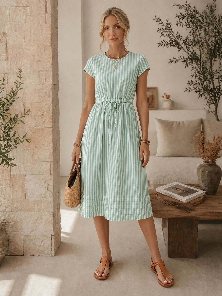 EMERY ROSE Women's Casual French Green And White Striped Waist Tie Short Sleeve Dress, Summer Brunch Vacation - Pastel Green - View 1