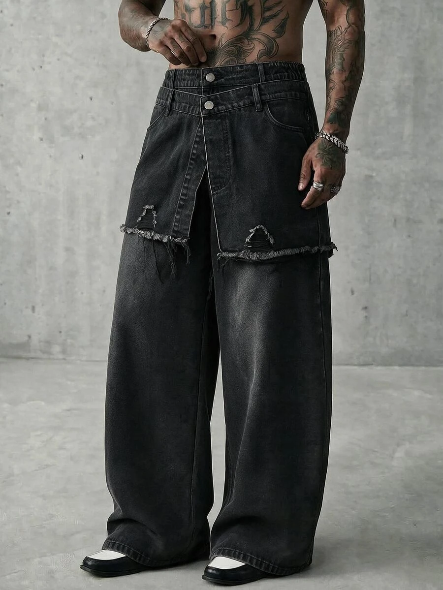 AXEPEAK Men's Patchwork Waistband Washed Vintage Black & Gray Long Pants - Black - View 1
