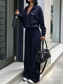 Struktiv 女款春夏/秋冬兩件套，半拉鍊領長袖上衣配雙口袋，高腰垂墜寬腿褲，休閒舒適通勤運動套裝 - 藏蓝色 - 查看 5