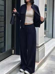 Struktiv 女款春夏/秋冬兩件套，半拉鍊領長袖上衣配雙口袋，高腰垂墜寬腿褲，休閒舒適通勤運動套裝 - 藏蓝色 - 查看 3