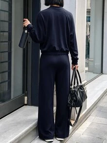 Struktiv 女款春夏/秋冬兩件套，半拉鍊領長袖上衣配雙口袋，高腰垂墜寬腿褲，休閒舒適通勤運動套裝 - 藏蓝色 - 查看 2