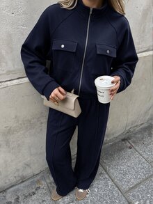 Struktiv 女款春夏/秋冬兩件套，半拉鍊領長袖上衣配雙口袋，高腰垂墜寬腿褲，休閒舒適通勤運動套裝 - 藏蓝色 - 查看 4