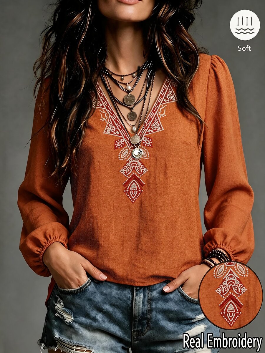 SHEIN Women's Casual Boho Loose Design Button-Down Long Sleeve Shirt With V-Neck And Geometric Embroidery Pattern, Suitable For Dates, Vacations, Fall - Orange - View 1